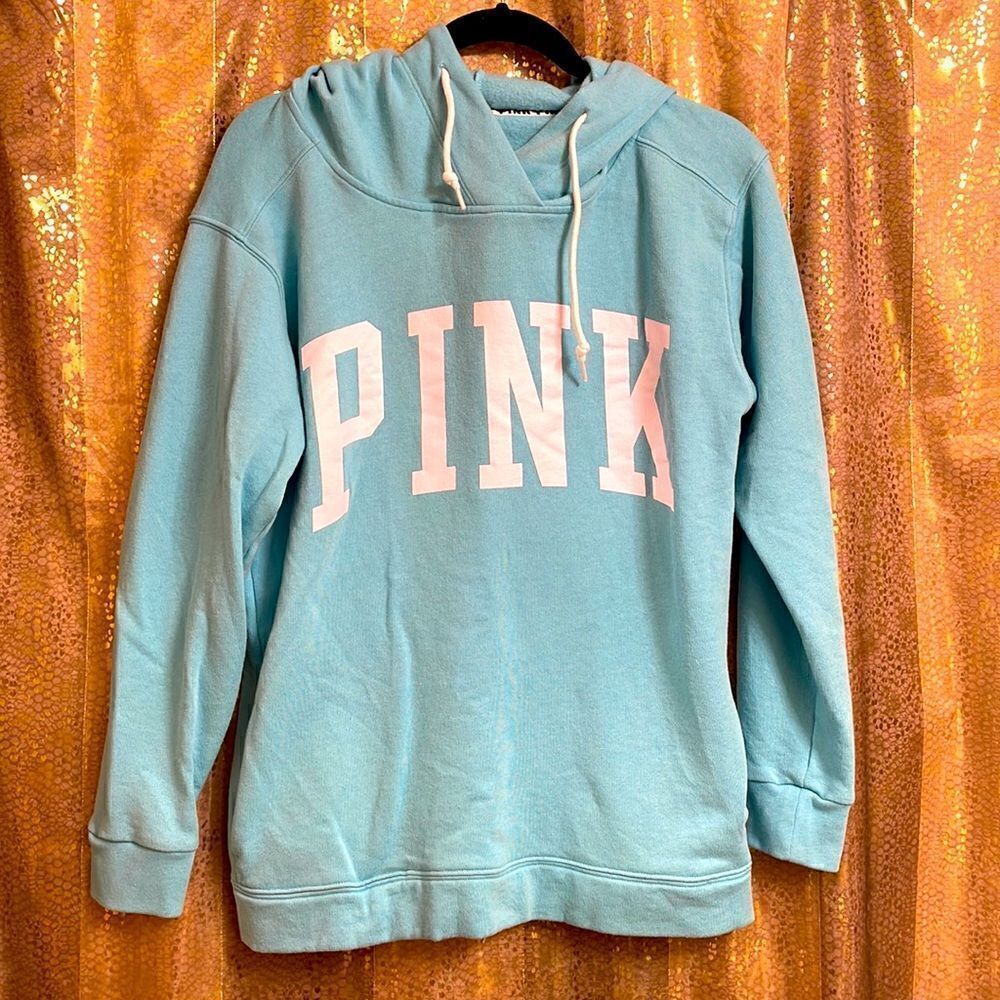 PINK Victorias Secret light blue pullover hoodie sweater, white logo, XS